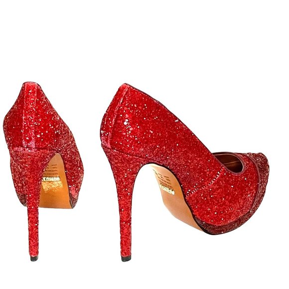 Schutz Stilletos Red Glitter Platform High Heels Lux Glam Party Shoes Size 5B - Picture 4 of 12